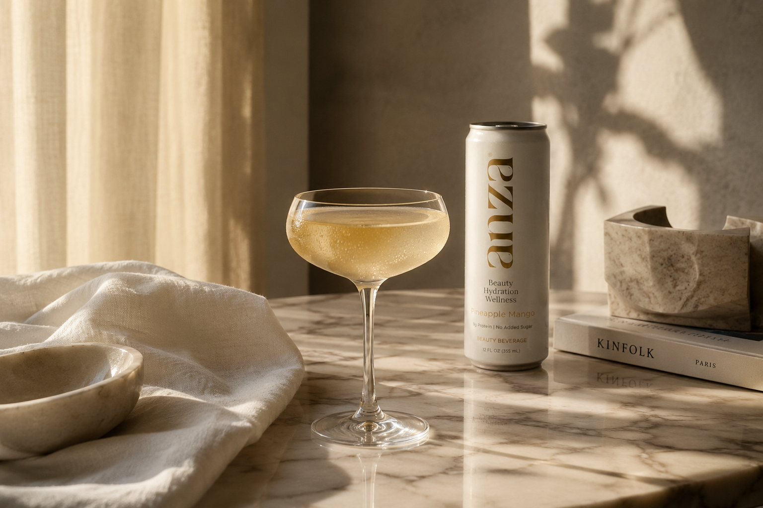 ANZA Beauty Beverage with collagen, vitamin C and hyaluronic acid in a luxury beauty and wellness setting