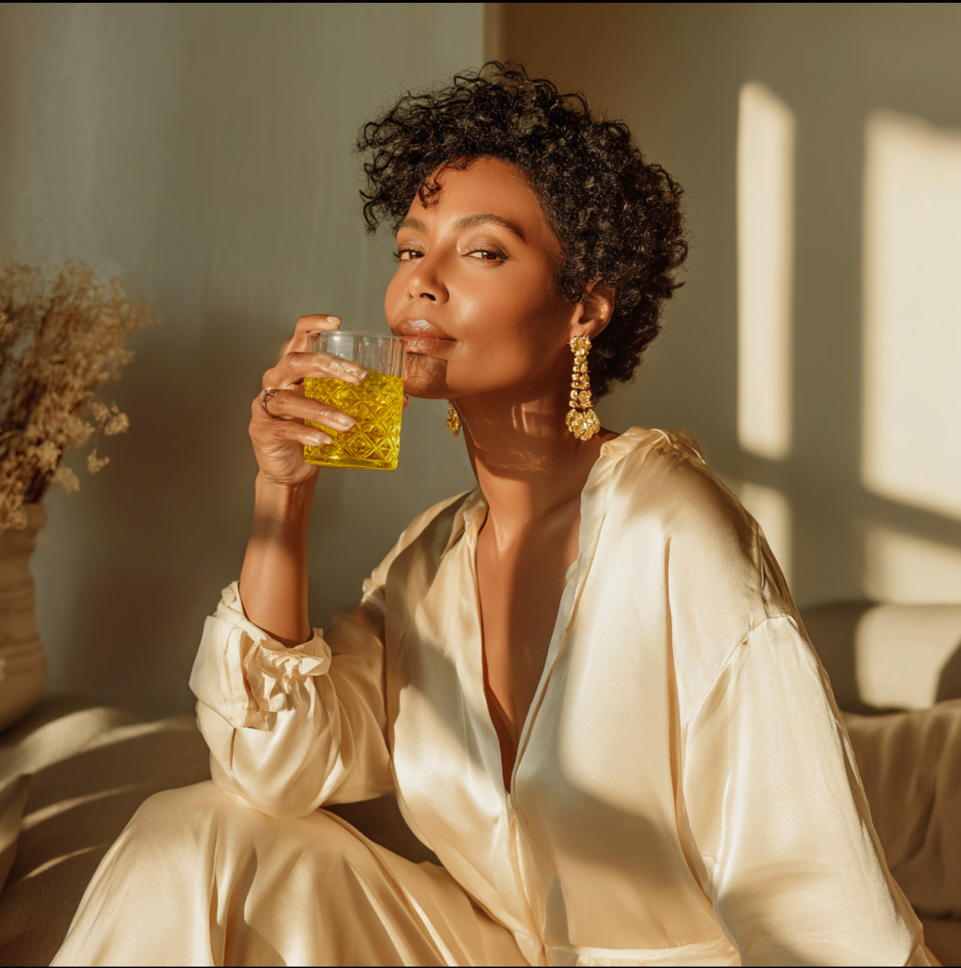 Woman in silk robe enjoying an ANZA Beauty Beverage in a warm, sunlit wellness setting